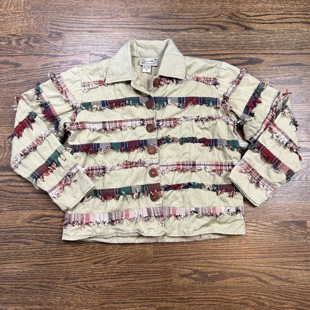 Vtg Carrie Allen Jacket Womens Small Beige Plaid Fringe Button Front Boho Cotton